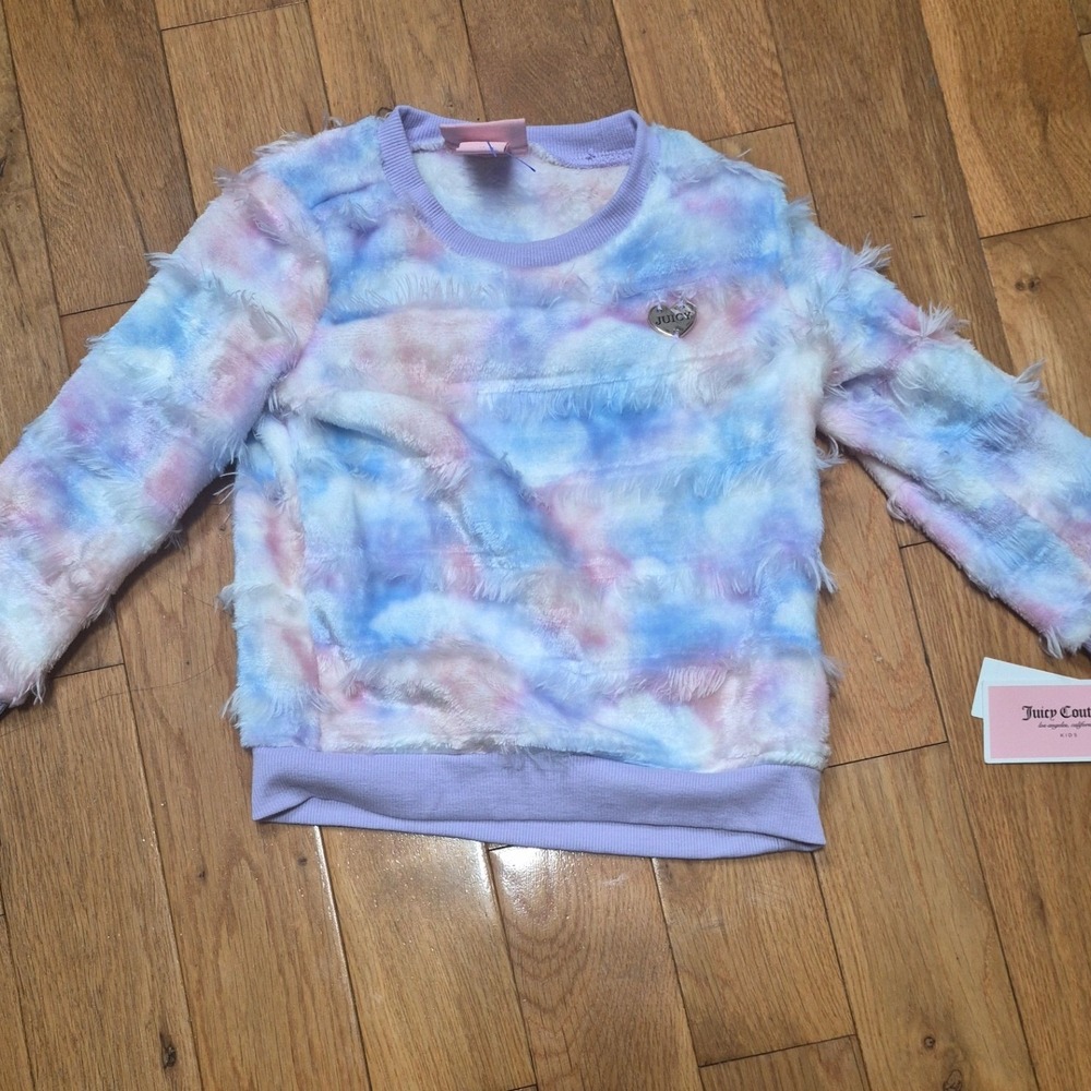 Juicy Couture Kids Pastel Tie Dye Faux Fur Sweatshirt Purple Pink Blue 3T NEW
